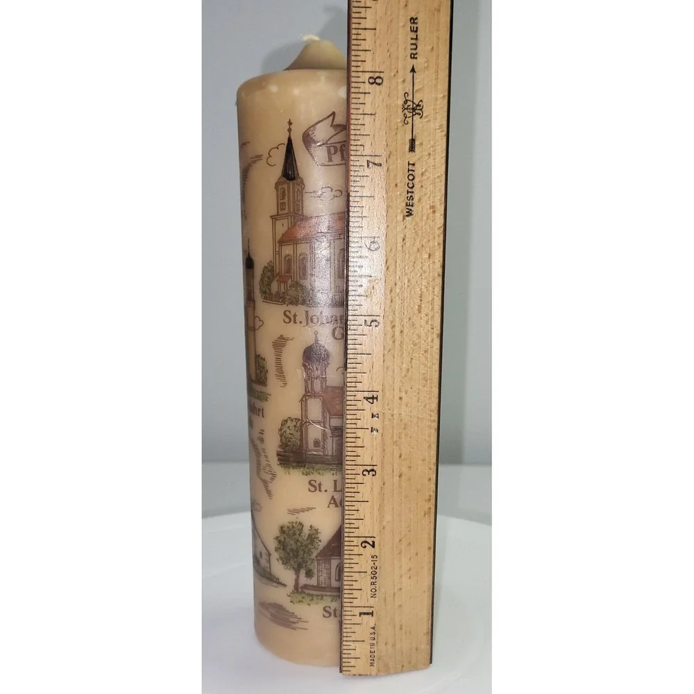 Vintage Pfarrei Glonn German Church Illustrated Pillar Candle Tan 8 Inch